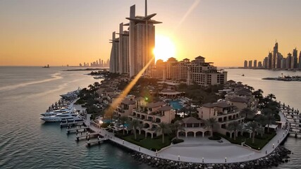 The sun sets over a coastal scene, illuminating the high-rise buildings. Yachts are docked near luxurious homes, creating a serene waterfront atmosphere.