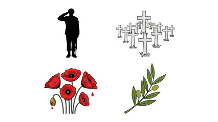 Soldier Saluting at Memorial with Poppies and Olive Branch Illustrations