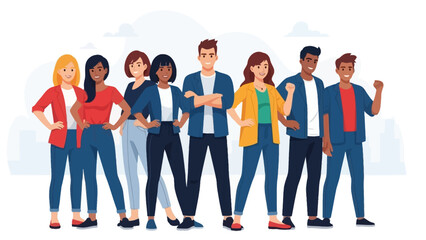 Fototapeta premium A diverse and confident group of eight people, including men and women, standing together and smiling, representing teamwork and unity.