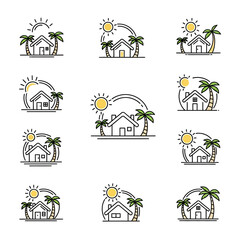 Tropical Beach House Monoline Icon Set. Minimalist Vacation Home Logos with Palm Trees and Sun Symbol Collection for Travel and Real Estate Branding.