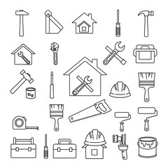 Home Repair and Construction Tools Seamless Pattern. Handyman DIY Outline Icons Wallpaper Background.
