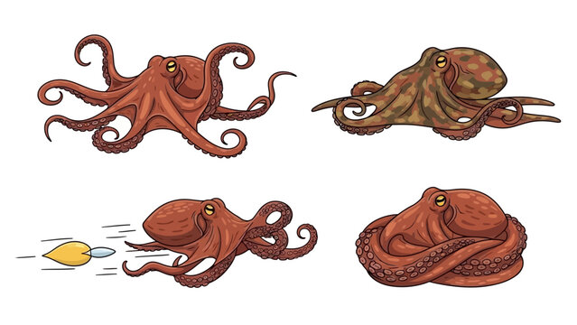Octopuses depicted in various poses and actions, showcasing their tentacles and camouflage abilities, illustration, neutral background, top view