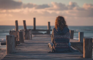 Fototapeta premium A young woman sitting on a wooden pier from the rear