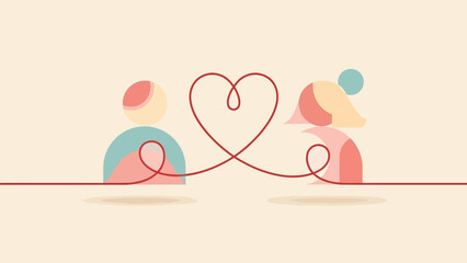 A minimalist illustration of two abstract figures, a man and a woman, connected by a red string forming a heart, symbolizing love and connection.