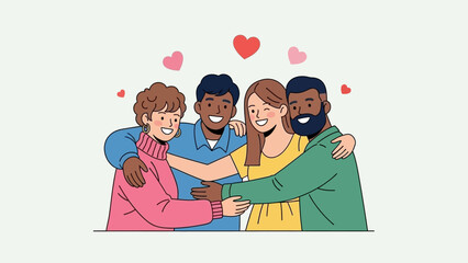 Diverse group of happy friends embracing each other with hearts, symbolizing love, unity, and strong bonds.