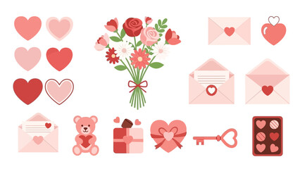 A charming collection of Valentine's Day themed items including hearts, a floral bouquet, love letters, a teddy bear, gift boxes, a heart key, and chocolates.