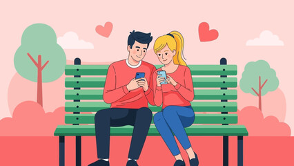 An illustrated young couple sitting on a park bench, both engrossed in their smartphones, with hearts floating above them in a romantic park setting.