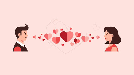 Digital illustration depicting a man and a woman exchanging hearts, symbolizing romantic love and emotional connection.