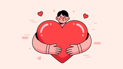 An illustration of a person with dark hair happily hugging a giant red heart, surrounded by smaller hearts and dashed lines on a light pink background, symbolizing love and affection.
