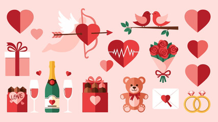 Valentine's Day flat design elements set with hearts, gifts, champagne, roses, and Cupid's arrow on a pink background.