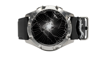 Damaged smartwatch with cracked screen and broken buckle isolated on a transparent background