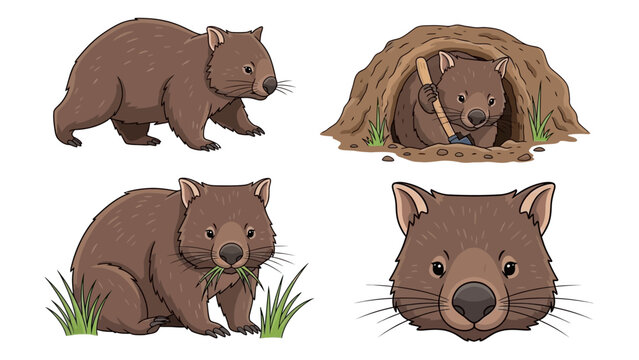 Illustrations of wombats in various poses and activities in their natural habitat.