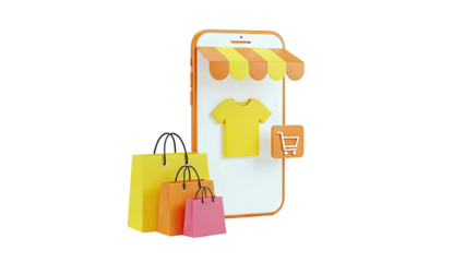 3D Online Shopping Concept with T-Shirt, Bags, and Shopping Cart Icon