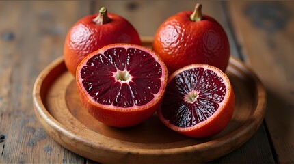 some Moro blood oranges on a round wooden plate