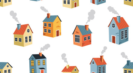 A whimsical seamless pattern of colorful, quirky cartoon houses with smoking chimneys on a clean white vector background.