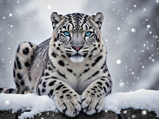 Majestic Snow Leopard Portrait in a Snowy Environment