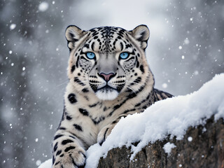 Majestic Snow Leopard Portrait in a Snowy Environment