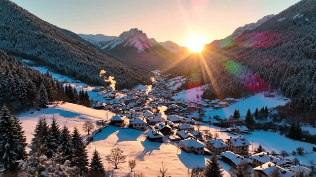 The sun rises over a small village, illuminating the snowy landscape. Snow-covered mountains surround the village, creating a serene winter scene.