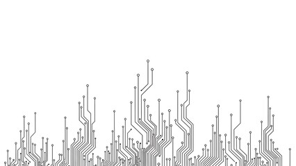 Minimalist black and white circuit board pattern featuring intricate motherboard traces and electrical pathways growing upward from the bottom of the frame on a clean background.