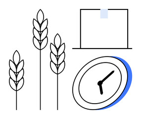 Obraz premium Agriculture, productivity, time management, harvest scheduling, planning, efficiency. Wheat stalks, clock and a notebook. Agriculture and productivity through time and harvest scheduling