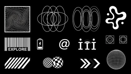 A bold collection of white geometric and Y2K-inspired graphic elements on a black background, featuring distorted grids, 3D spheres, chrome-style shapes, and futuristic UI symbols.