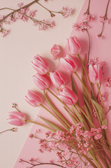 女性の日のメッセージに合うピンクのチューリップブーケ 縦型パステル背景の表現. 生成AI