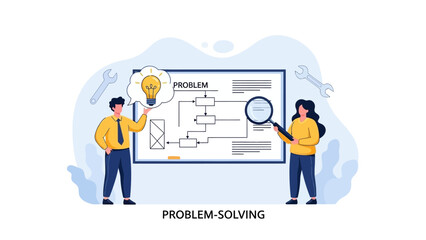 Business team solving complex problem with flowchart and lightbulb idea