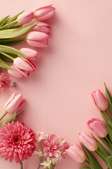 パステルピンク背景にピンクのチューリップ花束が映える春の縦型フラットレイデザイン. 生成AI