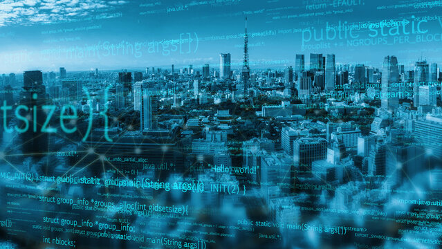 A stunning cityscape image showcasing a metropolitan skyline at night, enhanced with a digital code overlay symbolizing the intersection of technology and urban living. Xenic - Powered by Adobe