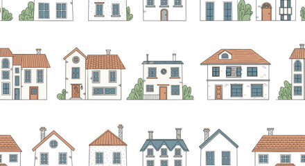 Fototapeta premium Charming seamless pattern featuring rows of cute, hand-drawn houses and buildings in a quaint and sketchy style on a clean white background.