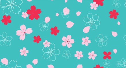 Vibrant seamless pattern with stylized pink and red sakura cherry blossoms and falling petals scattered on a bright turquoise blue background.