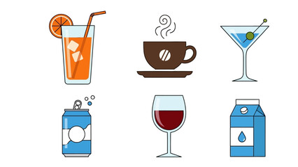 Collection of Various Drinks Icons: Coffee, Juice, Cocktail, Wine, Soda, Milk
