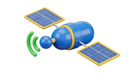 3D Cartoon Satellite with Solar Panels and Wi-Fi Signal