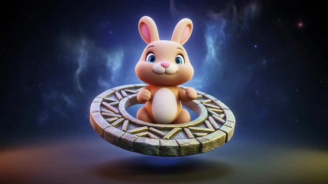 A cartoon rabbit floating on a circular spaceship in space.