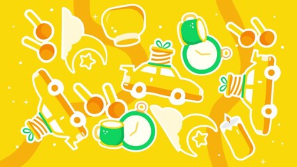 Yellow pattern showing travel cars alarm clocks drums and cookie jar stickers