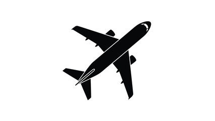 A silhouette of an airplane flying against a white background.