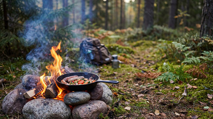 Cooking food over a campfire in a forest during autumn with a backpack nearby and smoke rising from the flames