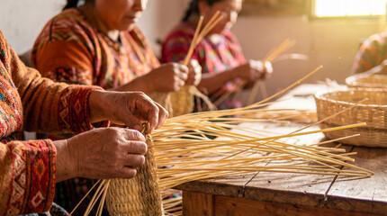 Women weave baskets with natural materials in a workshop in a small village, showcasing traditional craftsmanship during the daytime
