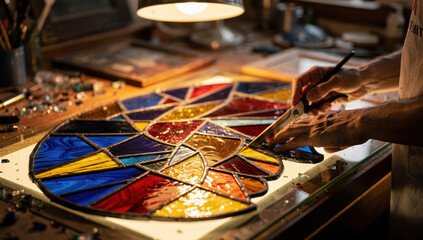 Hands shape colorful stained glass in a workshop in the afternoon, with tools and light guiding the creative process of art