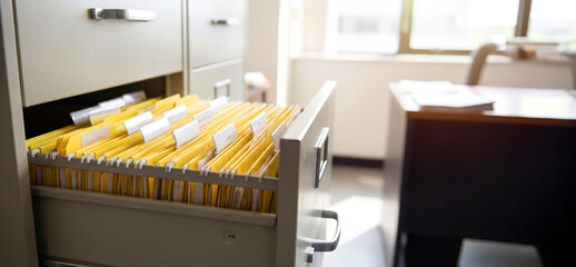 Office workspace shows a filing cabinet with organized yellow folders and a desk in the background during daylight hours