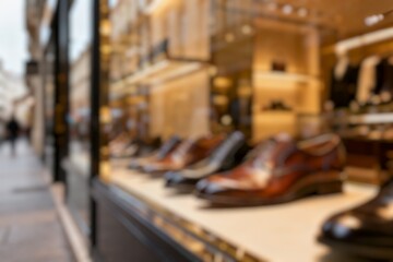 Blurry Row of mens shoes in store, lux fashion footwear behind the windowl