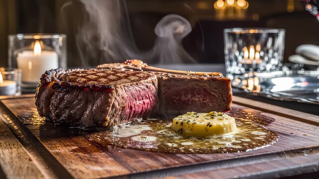Steak Dinner: Cut of Rare Ribeye Steak With Melting Butter on Plate