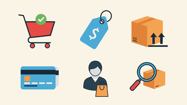 E-commerce Icons Set: Shopping Cart, Price Tag, Package, Credit Card, Customer, Search
