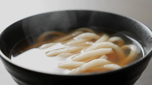 Delicious udon noodles in bowl.