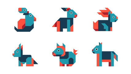 Fototapeta premium Geometric Animals Set: Cute Abstract Designs in Teal, Coral, and Navy