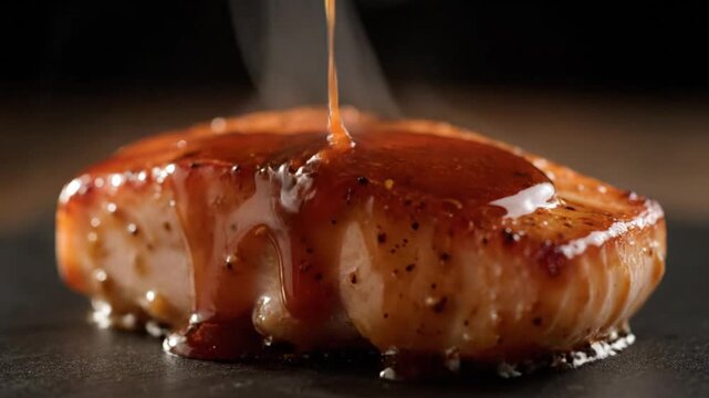 Glazed pork chop on grill.