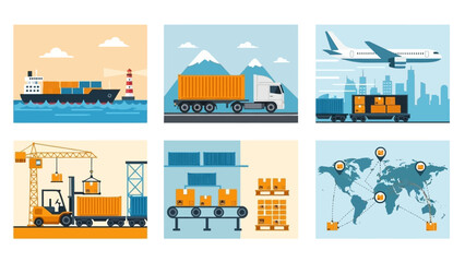 Obraz premium Global Logistics and Shipping - Cargo Transport Icons Set