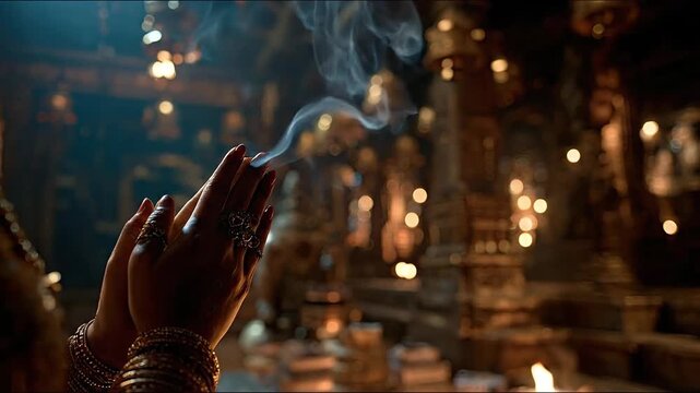 Close up of Indian woman hands praying in Namaste gesture with incense smoke in ancient gold temple