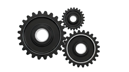 Three interlocking black gears on a white background
