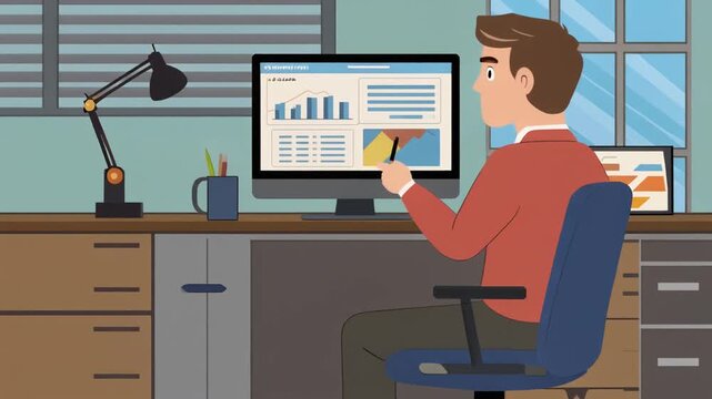 Man working at a desk with a computer displaying business charts and data analysis in an office.